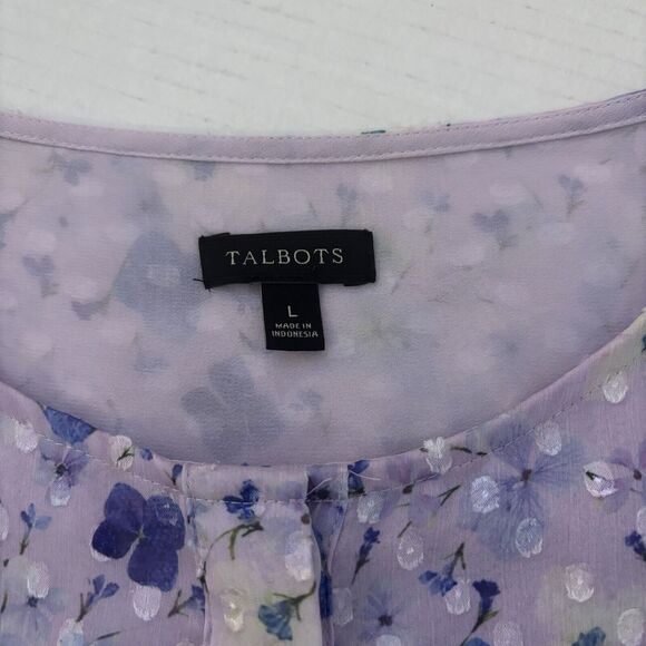 Talbots Large Purple Floral Swiss Dot 3/4 Sleeve Textured Chiffon Blouse Henley - Picture 8 of 12